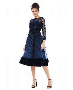 Women's Embellished Illusion High Neck Long Sleeve Fit & Flare Dress - Macy's