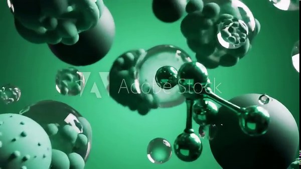 Abstract 3D animation of molecular structures and particles floating in a vibrant green liquid representing scientific research and technological advancements in biology and chemistry.