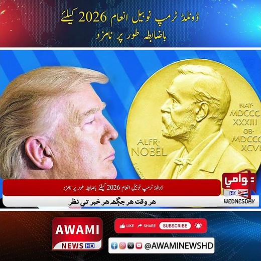 ڈونلڈ ٹرمپ نوبیل انعام 2026 کیلئے باضابطہ طور پر نامزد