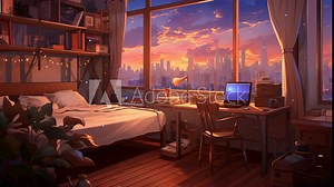 Loop animated virtual bedroom interior with city sunset view from window