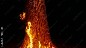 A burning tree. A base of the tree engulfed in flames, with fiery embers rising into the night. The tree glowing brightly against a dark black background.