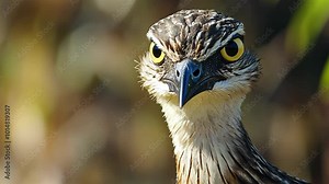A small hawk with yellow eyes stares intensely at the camera, its black beak slightly open