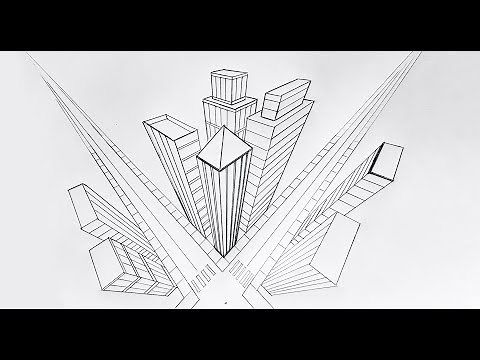 How to draw in three point perspective, city buildings bird's eye view