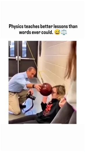 FUN TIME on Instagram: "Sometimes physics teaches better lessons than words ever could. 😅⚖️ This viral clip turns a classic pendulum experiment into pure internet comedy. In the first scene, a girl calmly lies back as a heavy ball is released inches from her face. No flinching, no fear — and no impact. Thanks to energy conservation, the ball never swings past its starting point, stopping safely short and proving physics works exactly as promised. Then comes the twist. A man decides to help phys