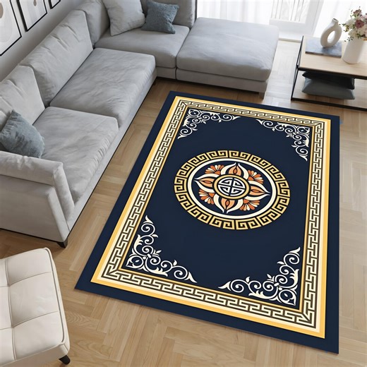 Navy Blue Chenille Rug, Gold Greek Key Border, Machine Washable Carpet - Etsy
