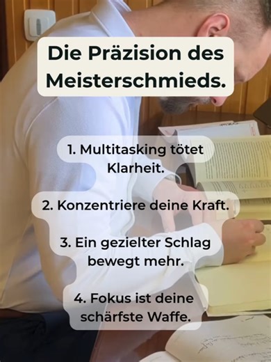 Wer überall gleichzeitig hämmern will, bewegt am Ende gar nichts. Energie folgt der Aufmerksamkeit. Was ist das eine Ding, das heute wirklich zählt? Werde präzise. Ein einziger, klarer Schlag ist wertvoller als hundert hektische Versuche. #Fokus #Klarheit #Produktivität #Essentialismus