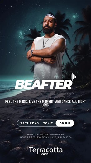 Terracotta beach on Instagram: "This Saturday at Terracotta Beach, @beafter_music takes control of the night with powerful beats and high-energy vibes. Get ready for an atmosphere you won’t forget. 🎧🔥🌴 . . . . . . . . . . . . . #TerracottaBeach #Elctro #SaturdayNight #DJSet #viral #viralvideos #viralreels #BeachVibes #NightLife #PartyMood #LiveDJ #GoodVibesOnly #UnforgettableNight #rabat #harhoura #maroc"