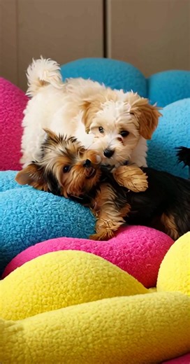 Adorable Toy Poodle and Yorkshire Terrier Play Fight