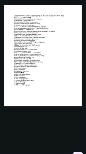 theroy of computation most important questions for all modules vtu #vtu