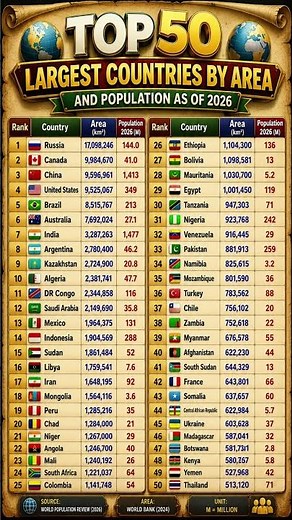 Top 50 Largest Countries by Land Area with 2026 Population | Global Population | Country Statistics