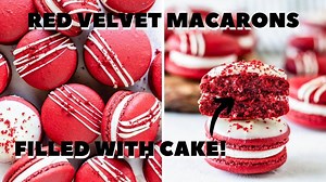 These Red Velvet Macarons are filled with Red Velvet Cake and Cream Cheese Frosting!! For the full recipe go to: https://www.piesandtacos.com/red-velvet-macarons/ | Pies and Tacos