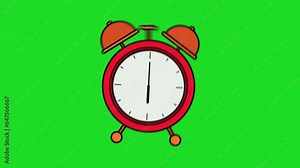 isolated vintage red alarm clock ringing animated cartoon, punctuality alert timer green screen