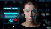 Futuristic biometrical analysis emotions. Close up woman face...