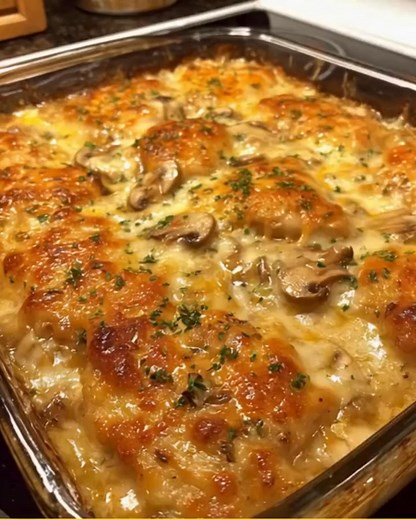 Chicken Gloria Casserole 🍄✨ Golden chicken baked in a creamy mushroom sauce, topped with melty Swiss cheese — rich, cozy, and irresistible! Ingredients 3 boneless skinless chicken breasts 8 oz mushrooms, sliced 6 slices Swiss or Muenster cheese ..... Recipe in First Coʍmеոτ 💬 | Cooking Ideas & Recipes