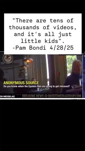 E.CLAIRE on Instagram: "Pam Bondi is shown in this recording from April 2025 as stating there are tens of thousands of videos of little kids being SAed, but in early 2025, Bondi was quoted on television saying that a portion of the Jeffrey Epstein files, including what some interpreted as a “client list”, was “sitting on my desk to review.” Bondi acted like the Epstein File could be housed in a single manilla folder. Since the release of the files, there have been no new arrest, no new charges. 