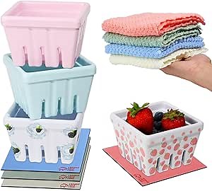 Ceramic Berry Basket Colander Fruit Bowl – Set of 4-Piece Decorative Fruit Baskets with Silicone Mats & Microfiber Towels – Charming Strawberry & Berry-Themed Kitchen Decor