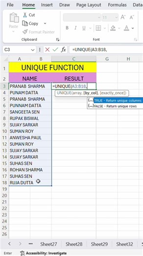 UNIQUE Function in Excel | Remove Duplicates Automatically 😲 #excel #shorts #shortsfeed