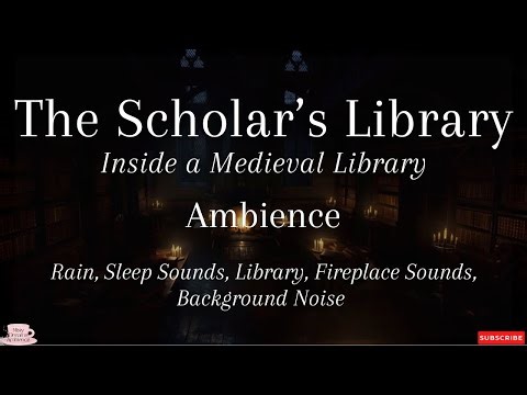 Inside Old Medieval Library at Night | Rainfall Stone Footsteps & Quiet Voices | Tudor Ambience