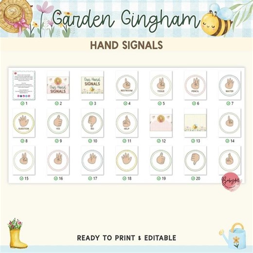 Garden Gingham Hand Signals Classroom Decor Preview