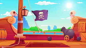 Cartoon pirate ship with cannon and flag