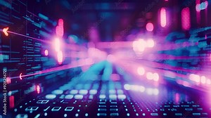 Vibrant visual representation of data transmission in cyberspace. Dynamic light trails and binary code showcase high-speed digital communication.