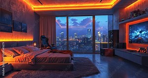 Modern bedroom with city view at night, illuminated with orange LED strip lights.