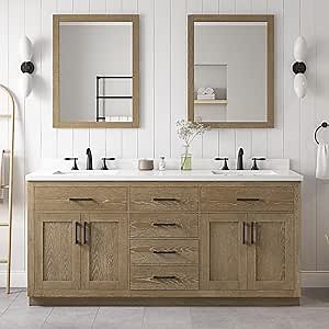 OVE Decors Bailey 72 in. Double Sink Freestanding Driftwood Oak Bathroom Vanity with White Quartz Top, Matching Backsplash and Power Bar