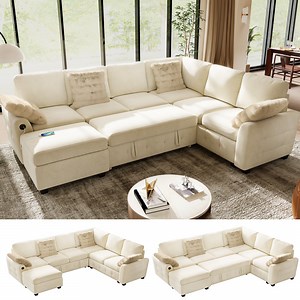 BedLuxury 106" Modular Sectional Sofa Bed with Pull Out Bed, Large Storage & USB Charging, Modern Sleeper Couch for Living Room, Chenille Beige