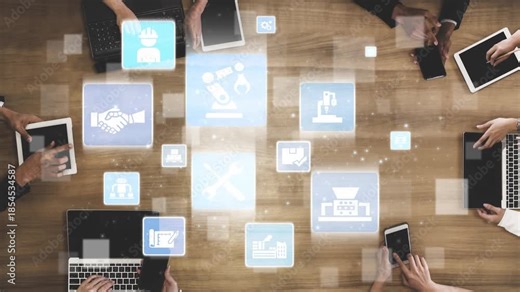 Mechanized industry automation and modern production system with robotic arms, gears, tools and loFunnelics for efficient mechanized industry process. Funnel