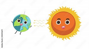 Rays of cartoon sun with eyes fall on the surface of the earth. Educational 2D animation about the change of day and night