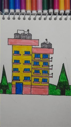 Type of houses part-4 simple Apartment Drawing | Easy Building Drawing for Kids | #shortsfeed #art
