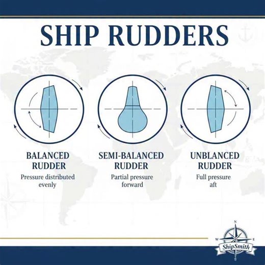 Ocean_innovator on Instagram: "⚓ TYPES OF SHIP RUDDERS ⚓ The rudder is a ship's steering mechanism, and its design directly impacts maneuverability, efficiency, and handling. Understanding rudder types is essential for naval architects and mariners. 🎯 WHY RUDDER DESIGN MATTERS The rudder converts hydrodynamic force into turning moment. Different designs balance steering effectiveness, structural strength, and efficiency. ⚖️ BALANCED RUDDER Design: 20-40% of rudder area is forward of the stock (
