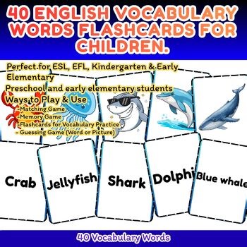 Picture–Word Matching Cards: Ocean Animals | 40 Vocabulary Flashcards | ESL