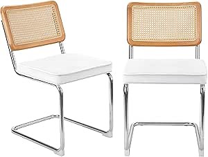 Joyside Mid-Century Modern Dining Chair, Upholstered Dining Chairs Set of 2, Rattan Dining Chair with Cane Backrest and Chrome Metal Base, White