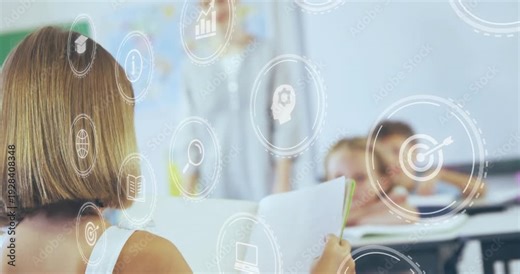 Front student shifting paper, starting reading for class, icons floating over foreground