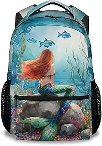 School Bag for Girls - Blue Durable Aesthetic Kid Backpack - 17 Inch Large Capacity Mermaid Bookbag for School, Travel and Camp