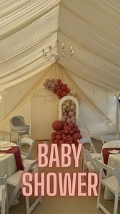 11K views · 648 reactions | Baby shower set up ♥️ we provided a 20 x 40 tent draping three chandeliers ivory draping eight round tables 8 tablecloths eight cheese cloth runners 80 white padded chairs for this baby shower | Prominent Parties | Facebook