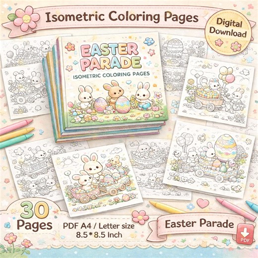 Easter Parade Coloring Book | 30 Isometric Scenes (PDF Download A4/letter/8.5x8.5in) - Etsy