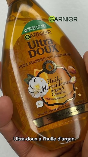 Nourris et sublime tes cheveux secs et ternes avec Garnier Ultra Doux Huiles Merveilleuses Argan et Camélia ! ✨ Ce rituel ultra-nourrissant combine deux huiles légendaires : l'huile d'argan, issue du commerce équitable au Maroc, reconnue pour ses propriétés nourrissantes, et l'huile de camélia, appréciée pour son parfum délicat et sa capacité à apporter brillance et douceur. Vos cheveux seront nourris en profondeur et jusqu'à six fois plus brillants grâce à cette combinaison unique. Découvrez la