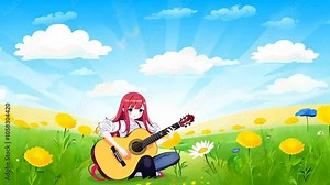 looping video playing girl background time-lapse 4k Anime guitar meadow Seamless animation footage hi-res animated woman female beauty beautiful people cartoon illustration insect bug animal butterfl