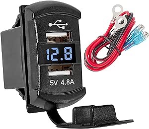 Anina Rocker Switch Style Dual USB Car Charger Port, 12V-24V Waterproof USB Socket with Blue LED Voltmeter, 4.8A USB Outlet Replacement for Marine Toggle Switch Panel on Boat Truck SUV RV UTV