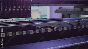 Modern hi-tech production. Electronic circuit boards production and installation of SMD components. Special equipment diagnose and test chips and processors. Manufacture of electronic chips. Close-up