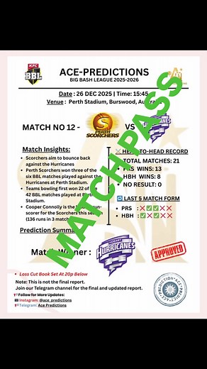 Ace Predictor 🎯 on Instagram: "🏏 BBL 2025–26 | Match No. 12 Perth Scorchers vs Hobart Hurricanes BBL match prediction for Perth Scorchers vs Hobart Hurricanes. Perth Stadium conditions and recent form make this a close contest. After analyzing head-to-head and pitch data, Hurricanes look strong. Our Big Bash League winning prediction favors Hobart Hurricanes. ⚠️ This is not the final report. 📲 Final update & toss-based prediction on Telegram. #BBLPrediction #BigBashLeague #CricketPrediction #