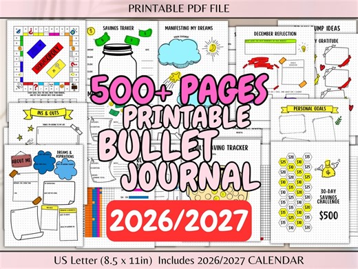 2026 Bullet Journal Printable 500 Plus Planner Pages PDF Daily Weekly Monthly Habit Budget Tracker Templates Dot Grid and Plain Journal - Etsy