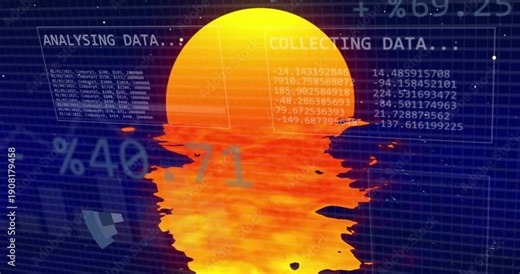 Sun appearing and emitting reflection, rotating pie-chart and HUDs collecting and analysing data