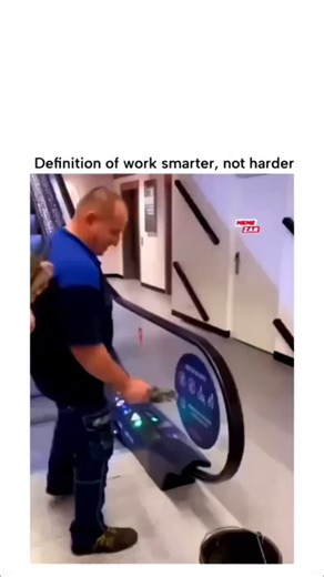 for fun 😊 on Instagram: "The post features a 20-second video of four maintenance workers awkwardly transporting buckets, mops, and tools up a moving escalator in a public building, captioned "Definition of work smarter, not harder," showcasing ironic inefficiency that garnered over 930,000 views in under 24 hours.Humor arises from the contrast between the motivational slogan and the group's clumsy coordination, where multiple people complicate a task one could handle solo, echoing common workpl