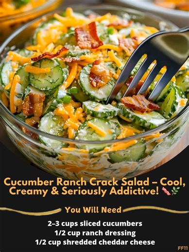 Cucumber 🚖 Ranch Crack Salad – Cool, Creamy & Seriously Addictive! 🥓🌿 Ingredients: 2–3 cups sliced cucumbers 1/2 cup ranch dressing 1/2 cup shredded cheddar cheese 1/3 cup cooked and crumbled bacon ..... Full Recipe in Coʍmеոτ 💬 🕷️ | Homemade Recipes