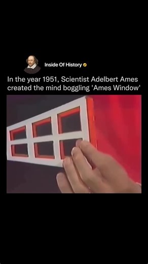 Inside Of History on Instagram: "In 1951, scientist Adelbert Ames introduced one of the most mind-bending optical illusions ever created: the Ames Window. At first glance, it appears to be an ordinary window rotating back and forth. But as it turns, something strange happens—the window seems to change direction mid-rotation, defying logic and completely confusing the brain. The illusion works because the window isn’t actually rectangular. It’s a cleverly distorted shape that tricks our visual sy