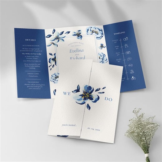 Modern Floral Watercolor Gatefold Wedding Invitation, Digital Trifold Canva Template Invite, Classy Blue & White Abstract Flower DIY | EV1 - Etsy UK