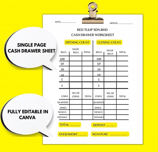 Editable Cash Drawer Worksheet/drawer Count for Business/cash Register/cashflow Sheet/cash Breakdown Template/cash Flow Template - Etsy